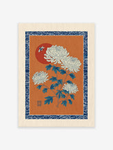 Japanese Chrysanthemum botanical art print with white flowers, blue leaves, a bee, and a red sun on an orange background.