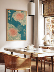Japanese Chrysanthemum Wall Art with red flowers, teal dragons, and fireworks in Ukiyo-e woodblock print style. - Image 2