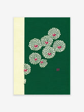 Japanese green chrysanthemum botanical wall art print with red centers and "Zen" character on green and cream background.