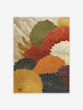 Multi-color Japanese chrysanthemum floral wall art print with gold outlines and textured appearance, Asian Kiku flowers
