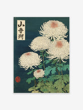 Japanese ukiyo-e style botanical wall art featuring white chrysanthemums with pink centers and green leaves on a dark blue background.