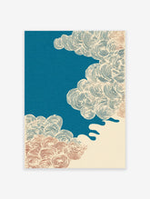 Japanese abstract cloud wall art print with swirling lines in teal, red, and cream on a textured background.