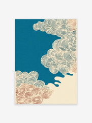 Japanese abstract cloud wall art print with swirling lines in teal, red, and cream on a textured background.