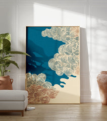 Japanese abstract cloud wall art print with swirling lines in teal, red, and cream on a textured background. - Image 3