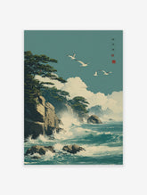 Japanese coastal poster showing seagulls flying over ocean waves crashing against rocky cliffs with pine trees.
