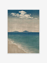Japanese-style coastal wall art print depicting a blue ocean, sandy beach, distant islands, and white clouds.