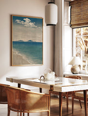 Japanese-style coastal wall art print depicting a blue ocean, sandy beach, distant islands, and white clouds. - Image 2
