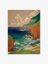 Japanese Ukiyo-e style coastal wall art print featuring green and red cliffs, deep blue ocean waves, and stylized clouds.