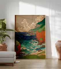 Japanese Ukiyo-e style coastal wall art print featuring green and red cliffs, deep blue ocean waves, and stylized clouds. - Image 3