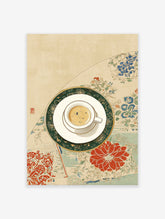 Japanese coffee art print with a cup on a saucer, surrounded by red, blue, and green floral patterns.