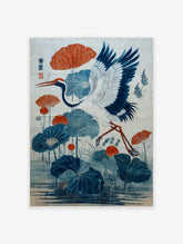 Japanese crane and blue lotus flower poster with orange accents, illustrating a bird in flight over water.