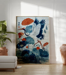 Japanese crane and blue lotus flower poster with orange accents, illustrating a bird in flight over water. - Image 3