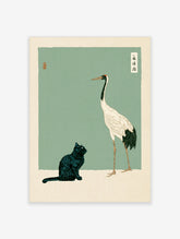 Japanese crane and black cat illustration on muted green background, red-crowned bird and seated feline