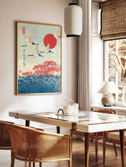 Japanese Crane Art print with three white cranes flying over red flowers and blue reeds against a red sun and dotted sky. - Image 3