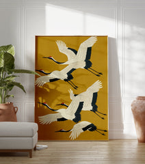 Japanese crane art poster with four elegant white and black flying cranes against a mustard yellow background. - Image 3