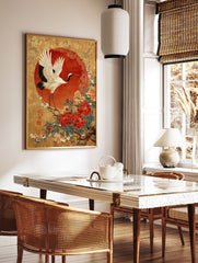 Japanese crane poster with white wings, black neck, red head against a red sun, standing on a branch with red and pink peonies and white flowers on a gold background. - Image 2