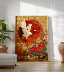 Japanese crane poster with white wings, black neck, red head against a red sun, standing on a branch with red and pink peonies and white flowers on a gold background. - Image 3