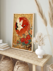 Japanese crane poster with white wings, black neck, red head against a red sun, standing on a branch with red and pink peonies and white flowers on a gold background. - Image 4