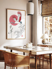 Japanese red-crowned crane flying over ocean waves with a red sun in the background, illustration art print. - Image 3