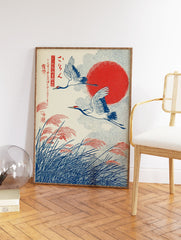Japanese crane art print with two cranes flying over pampas grass and a red sun in a traditional Ukiyo-e style. - Image 2
