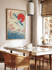 Japanese crane art print with two cranes flying over pampas grass and a red sun in a traditional Ukiyo-e style. - Image 3