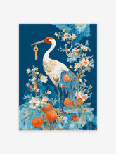 Japanese crane poster holding a golden key, surrounded by blue and orange flowers and oranges, against a deep blue background.