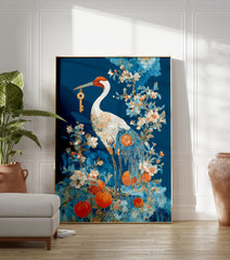 Japanese crane poster holding a golden key, surrounded by blue and orange flowers and oranges, against a deep blue background. - Image 3