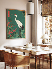 Japanese crane poster with a white crane, red berries, and green leaves on a teal background in traditional Asian art style. - Image 2