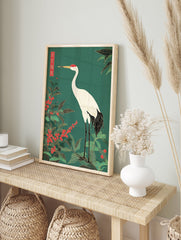Japanese crane poster with a white crane, red berries, and green leaves on a teal background in traditional Asian art style. - Image 4