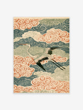 Japanese crane poster with flying heron and swirling peach and teal clouds