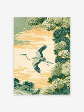 Japanese crane poster of a flying heron with green wings and stylised clouds on a cream sky