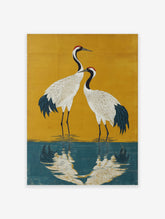 Japanese Crane poster featuring two white cranes with red heads standing in blue water against a gold background.