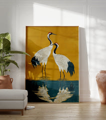 Japanese Crane poster featuring two white cranes with red heads standing in blue water against a gold background. - Image 3