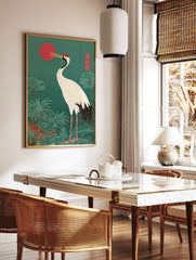 Japanese crane poster with a white crane, red sun, and green tropical foliage in an oriental art style. - Image 2
