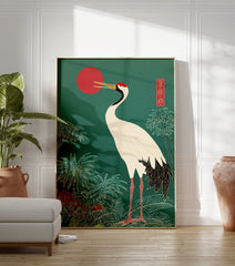 Japanese crane poster with a white crane, red sun, and green tropical foliage in an oriental art style. - Image 3