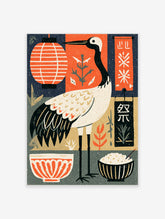 Japanese crane poster with red lantern, festival banner and kanji, portrait paper print