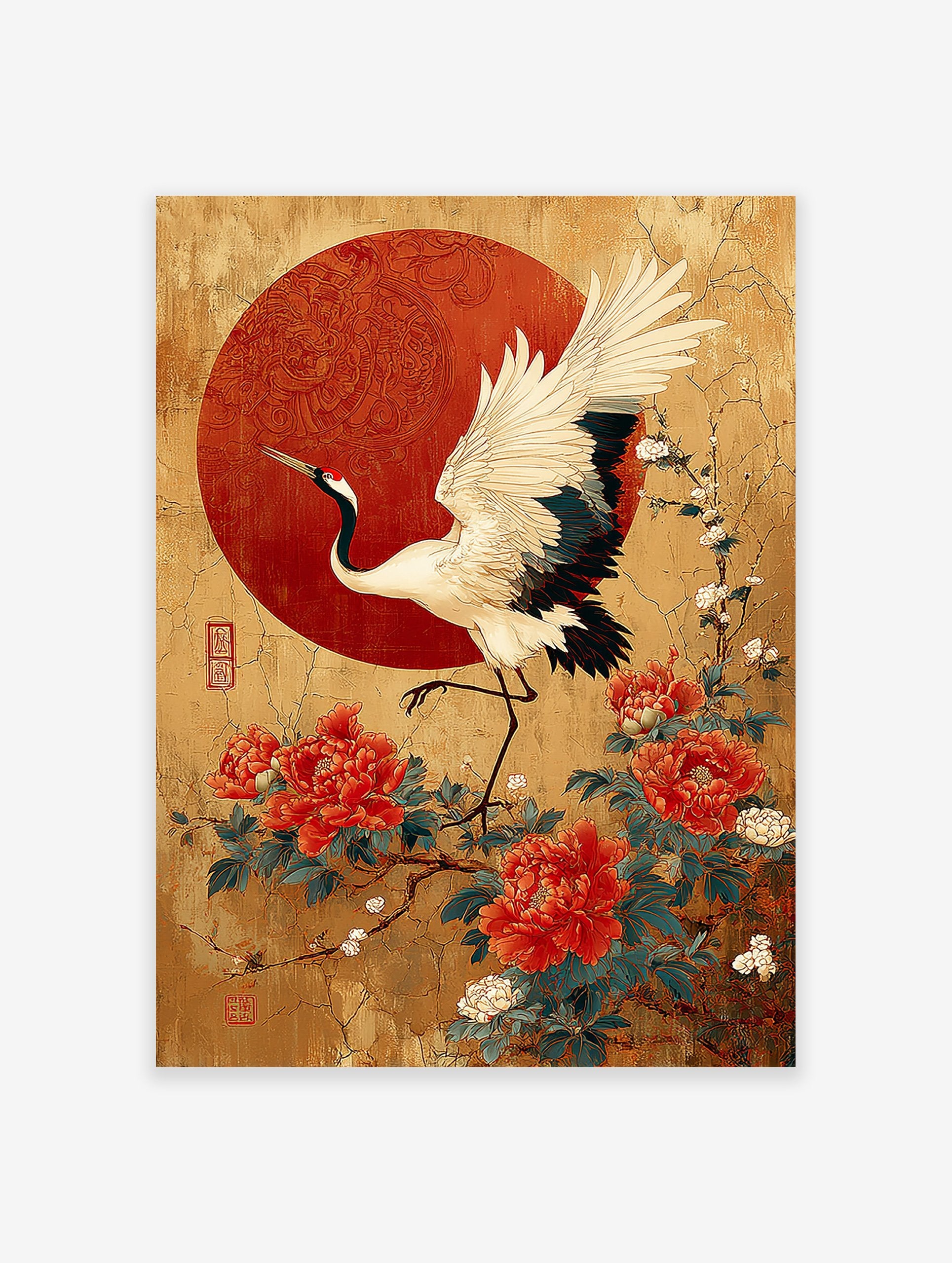 Japanese crane poster with a white crane, red peonies, and a red sun on a gold, crackled background.