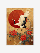 Japanese crane poster with a white crane, red peonies, and a red sun on a gold, crackled background.