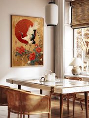 Japanese crane poster with a white crane, red peonies, and a red sun on a gold, crackled background. - Image 2