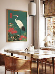 Japanese Crane poster with a red-crowned crane standing among red spider lilies and green foliage on a teal background. - Image 2