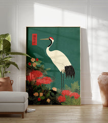 Japanese Crane poster with a red-crowned crane standing among red spider lilies and green foliage on a teal background. - Image 3
