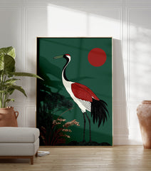 Japanese Crane poster showing a large crane with red and black markings against a deep green background with a red sun and foliage. - Image 3