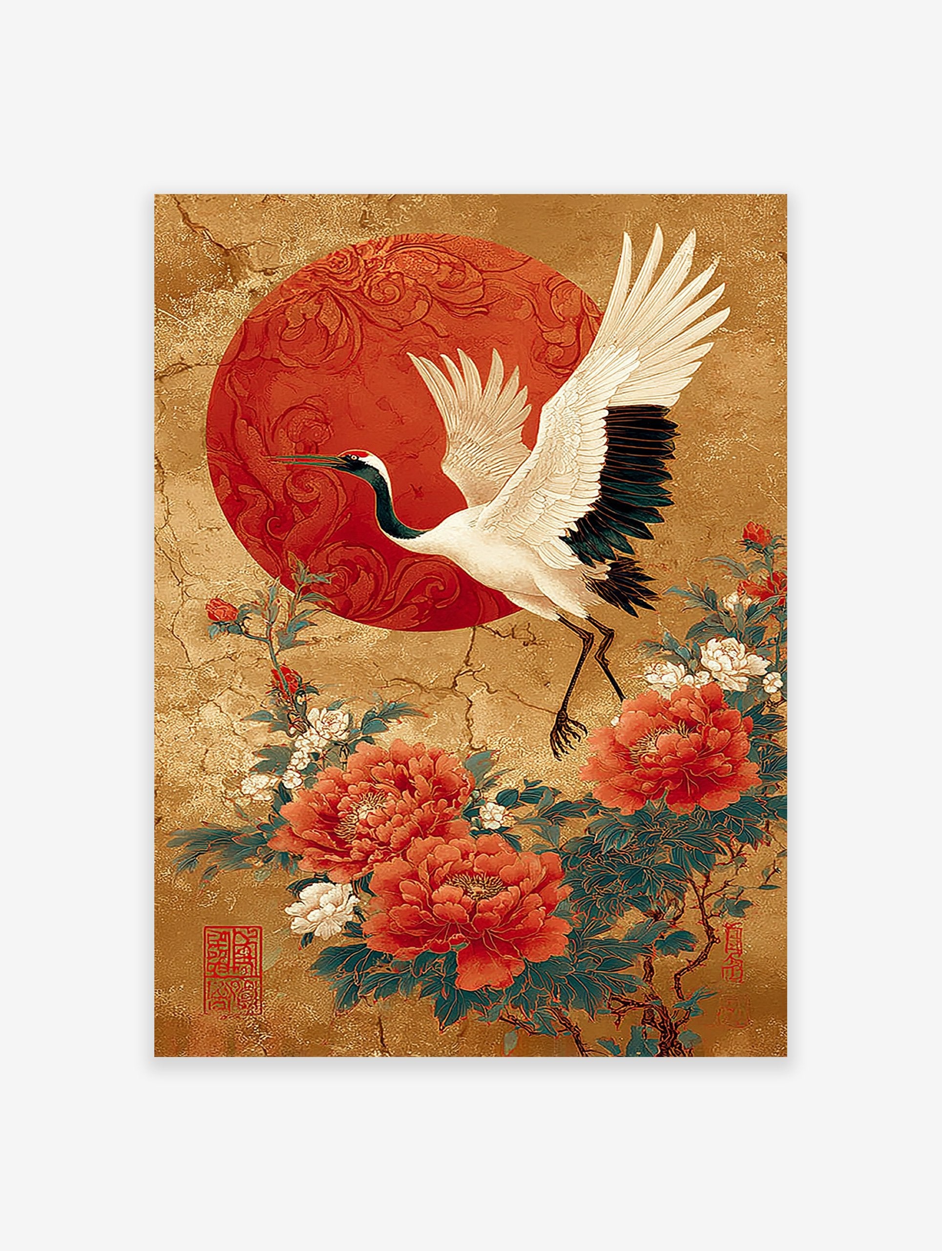 Japanese crane poster with red sun and peonies against a gold background.