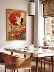 Japanese crane poster with red sun and peonies against a gold background. - Image 2