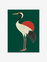 Japanese crane poster with a white body, black neck and tail, red head crest, and golden beak, standing in front of a red sun on a dark green background.