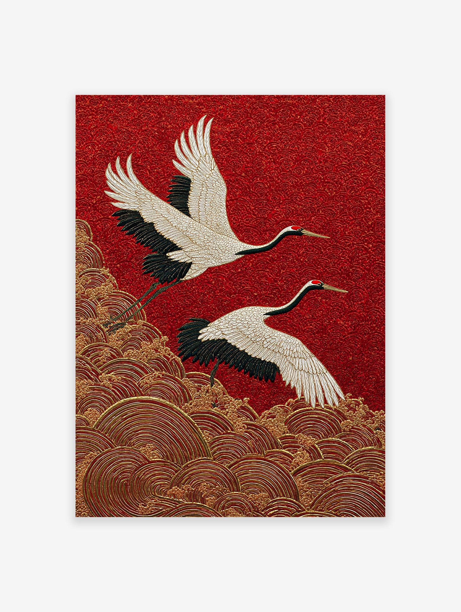 Japanese Crane poster showing two white and black cranes flying over golden waves on a textured red background.