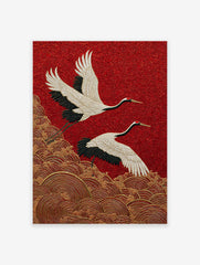 Japanese Crane poster showing two white and black cranes flying over golden waves on a textured red background.
