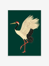 Japanese Red-crowned Crane poster illustration with white body, black neck, red head patch, and red legs on a dark green background.