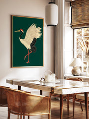 Japanese Red-crowned Crane poster illustration with white body, black neck, red head patch, and red legs on a dark green background. - Image 2