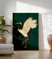 Japanese Red-crowned Crane poster illustration with white body, black neck, red head patch, and red legs on a dark green background. - Image 3